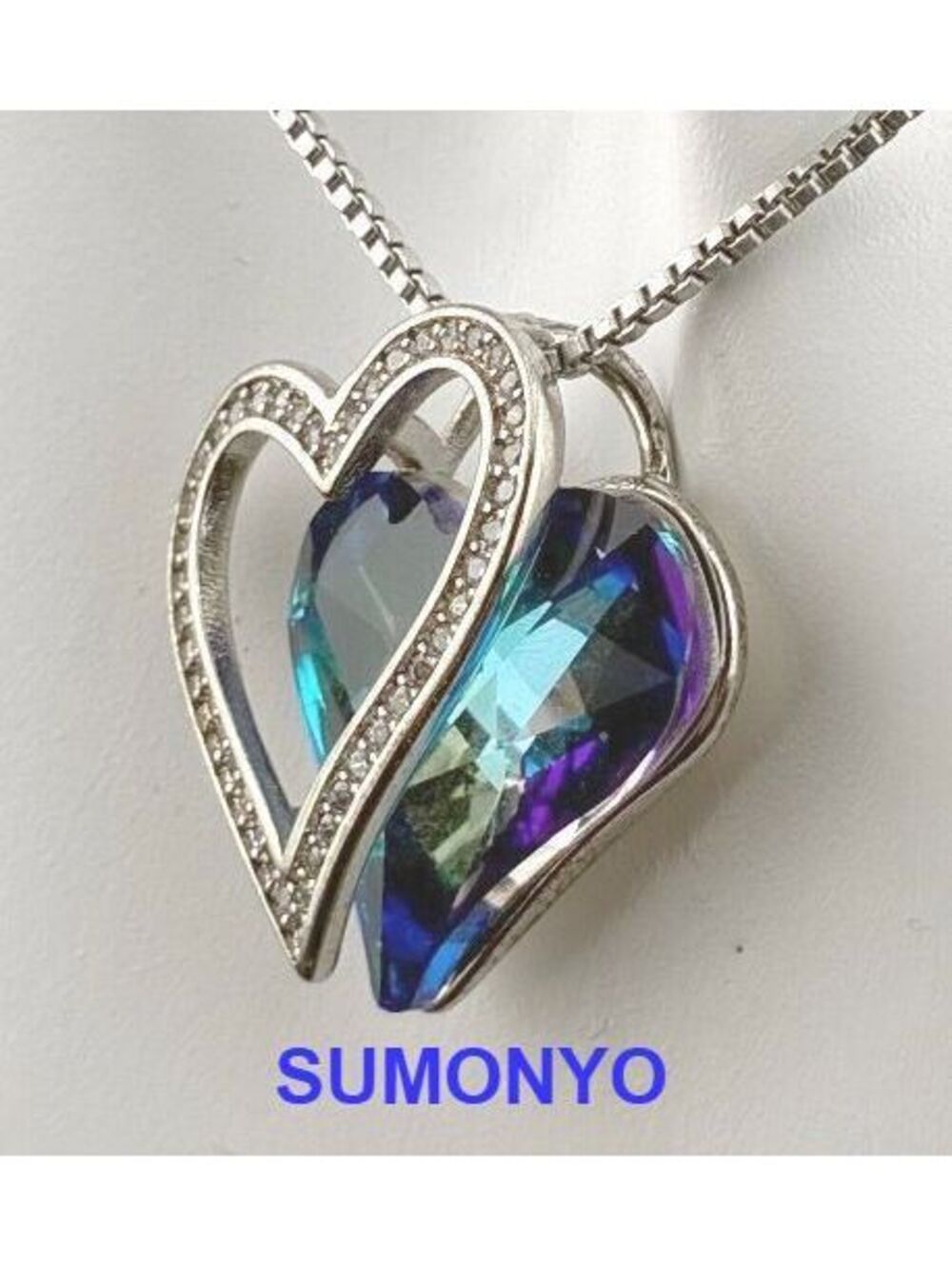 SUMONYO Heart-Shaped Pendant Necklace w Brilliant Blue Crystal and Rhinestones